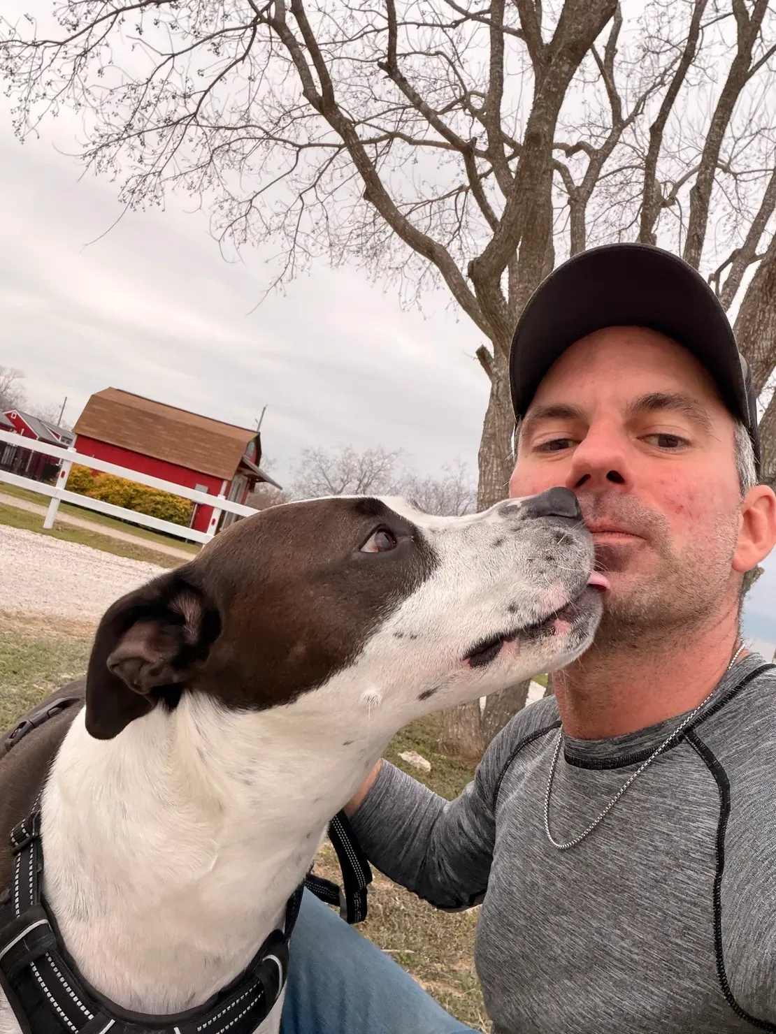Man receiving affectionate lick from dog while outdoors near farmhouse
