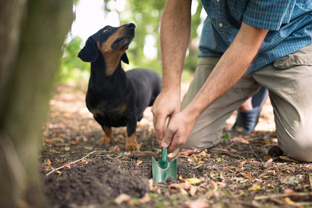 Person digging soil with small shovel while dachshund watches curiously nearby
