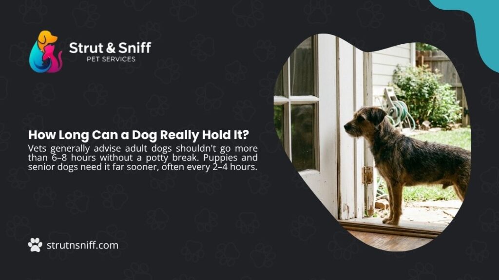 Dog standing at open door waiting to go out, with headline "How Long Can a Dog Really Hold It?" by Strut & Sniff Pet Services.