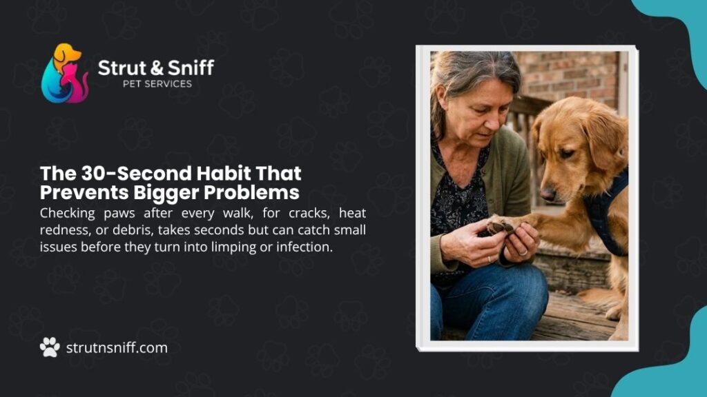 Woman checking dog's paw on porch, with headline "The 30-Second Habit That Prevents Bigger Problems" by Strut & Sniff Pet Services.