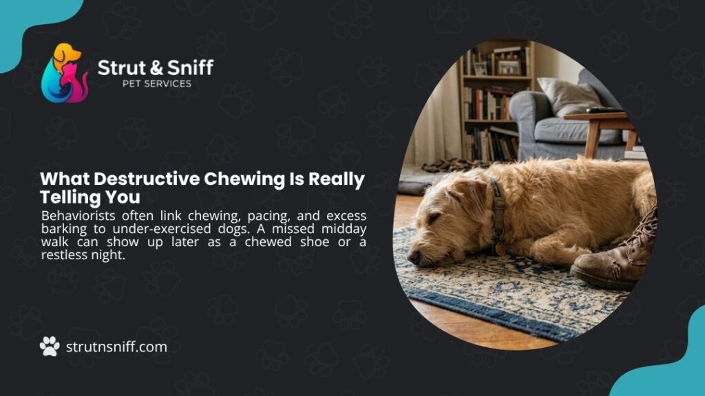 Dog lying on rug next to chewed shoe in living room, with headline "What Destructive Chewing Is Really Telling You" by Strut & Sniff Pet Services.
