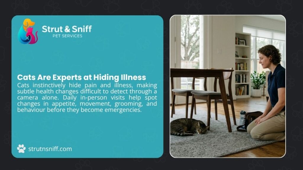 Pet sitter observing cat on rug during home visit for early illness detection by Strut & Sniff Pet Services.