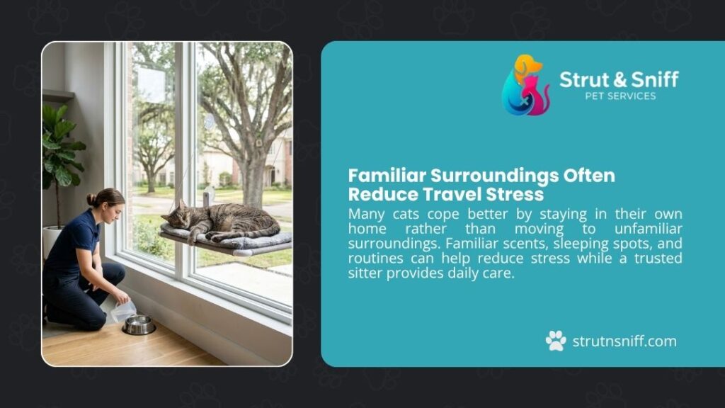 Pet sitter caring for cat in its own home to reduce travel stress by Strut & Sniff Pet Services.