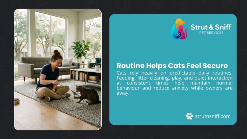 Pet sitter playing with cat on floor to maintain routine and reduce anxiety by Strut & Sniff Pet Services.