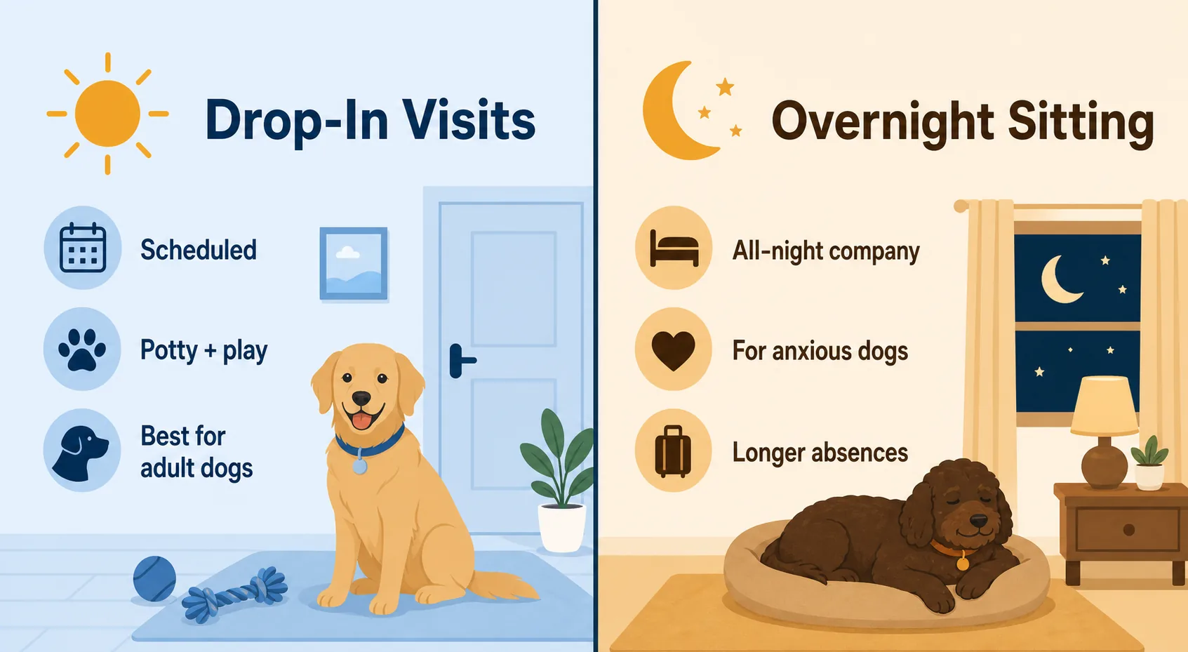 Comparison of drop-in pet visits versus overnight pet sitting, showing which suits adult dogs versus anxious or high-need dogs