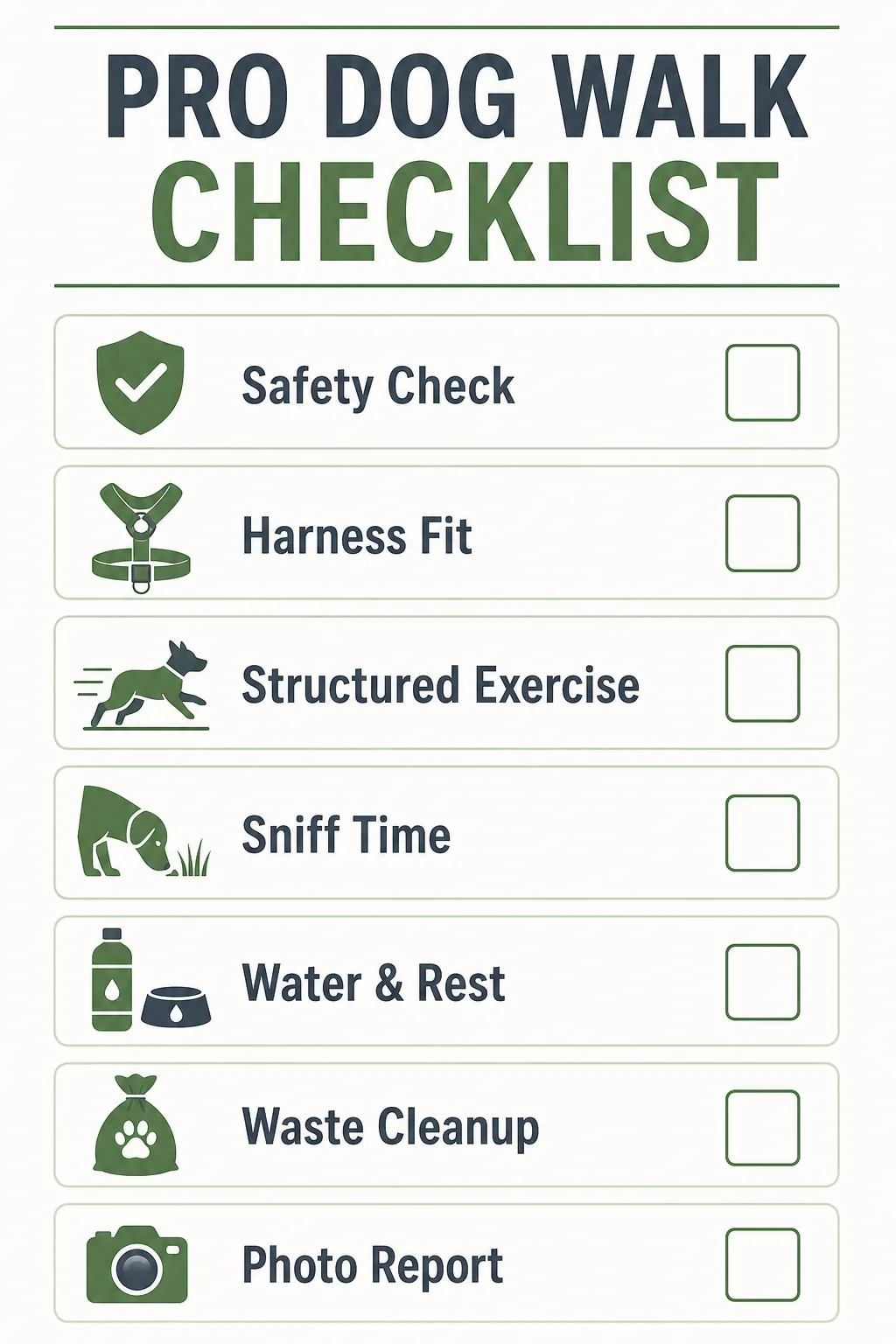 Infographic checklist of the seven core components of a professional dog walk