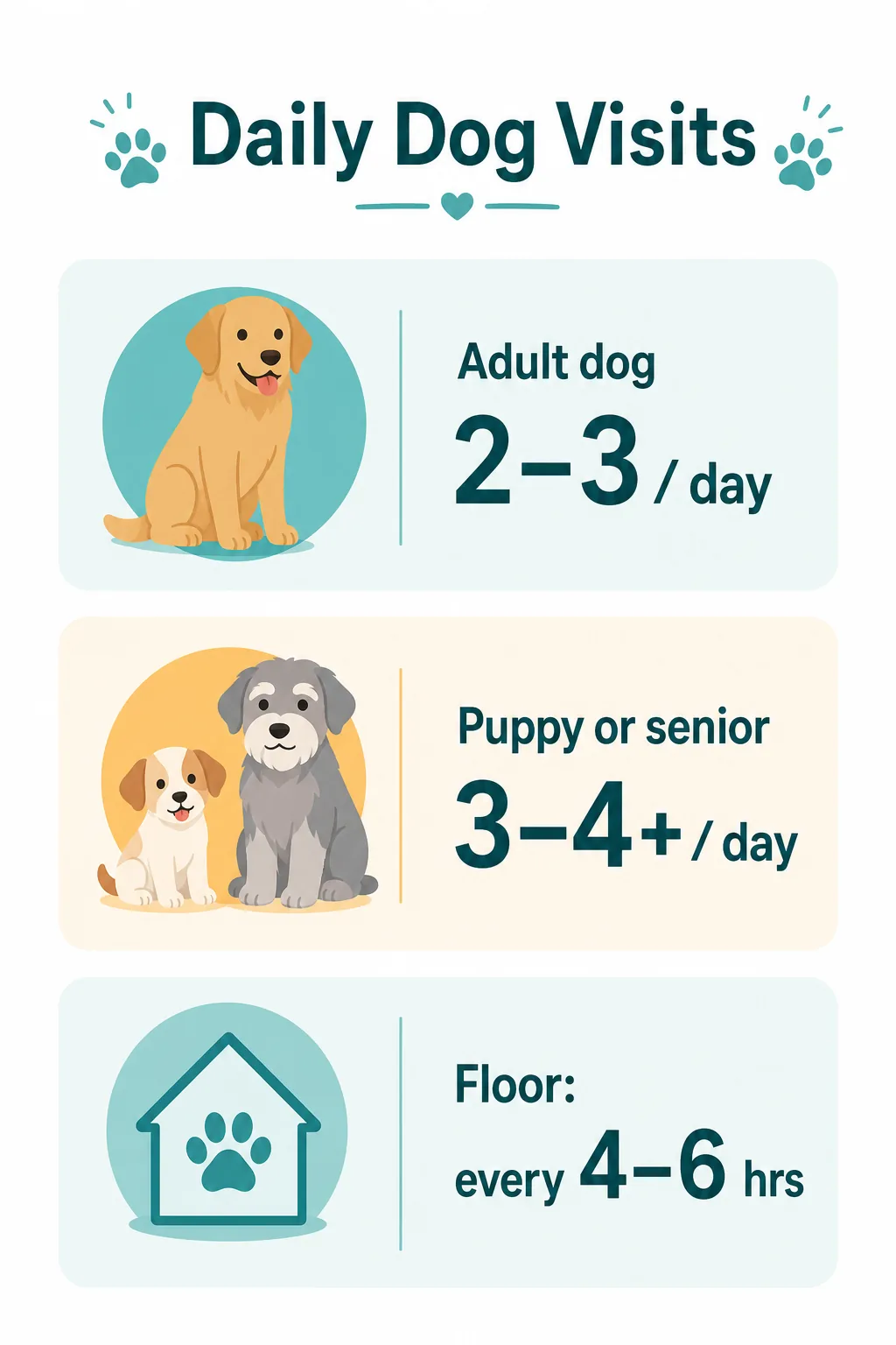 Infographic showing recommended daily dog visits: 2-3 for adults, 3-4+ for puppies and seniors, and a check-in every 4-6 hours minimum